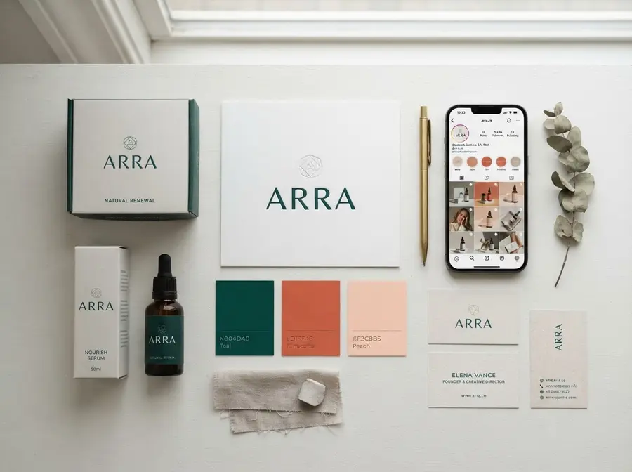 Brand board con packaging, paleta de color y piezas para redes sociales