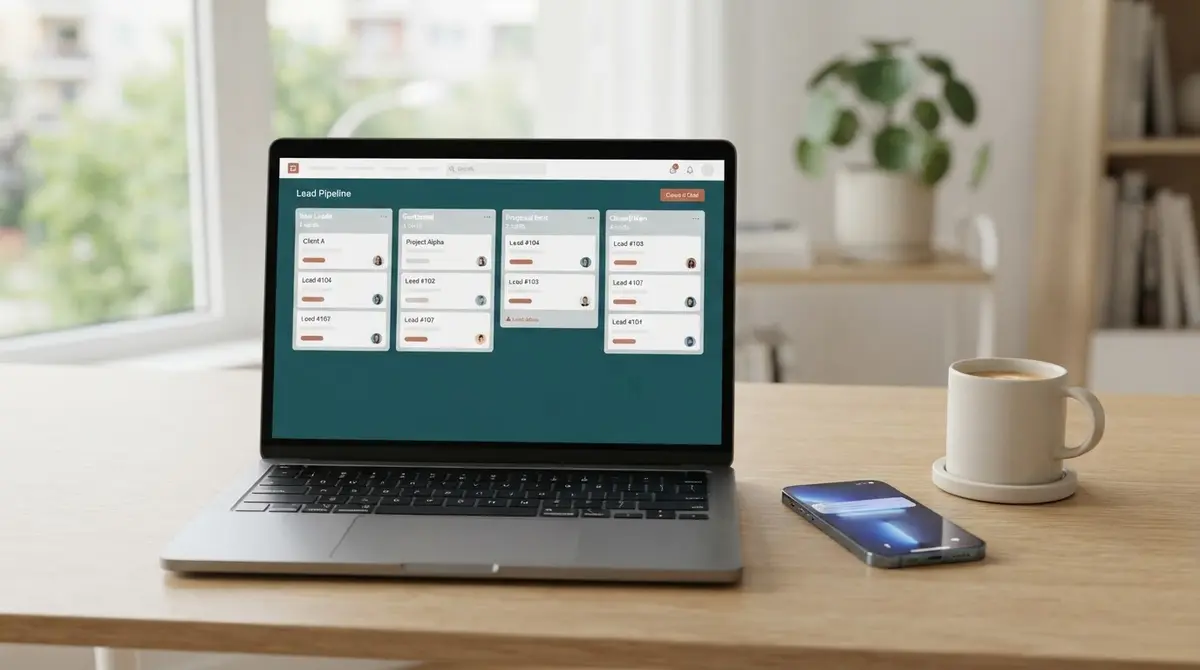 Laptop con un panel de pipeline de leads y un smartphone sobre un escritorio